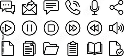 Minimal line icon set featuring communication tools, media controls, documents, folders, and sharing symbols designed for modern digital interfaces and productivity applications