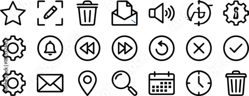 Minimal line icon set featuring essential interface symbols such as favorites, edit tools, notifications, navigation, settings, communication, and multimedia controls