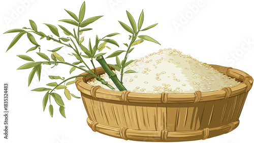 Rice Basket with Bamboo Plant Vector Illustration