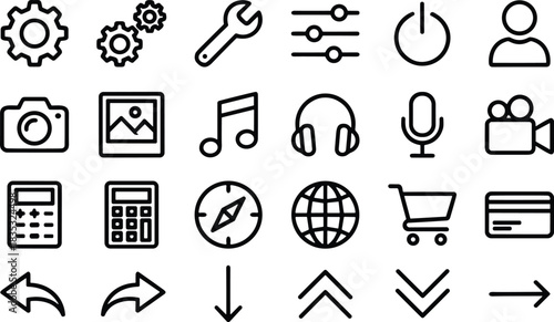 Modern minimal line icon set featuring settings tools, multimedia symbols, communication elements, navigation arrows, shopping icons, and essential interface graphics for digital projects