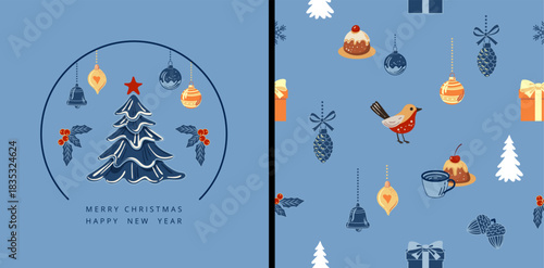 Set of Merry Christmas holiday greeting cards with design elements of festive decoration in the style of flat graphic art. Seasonal banner and seamless holiday pattern