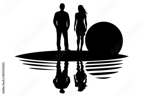 Sunset couple with reflection silhouette vector illustration isolated on white background