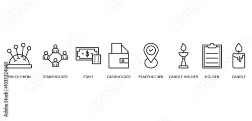 stakeholder  banner icon concept with icon of pin cushion, stakeholder, stake, cardholder, placeholder, candle holder, holder, and candle






