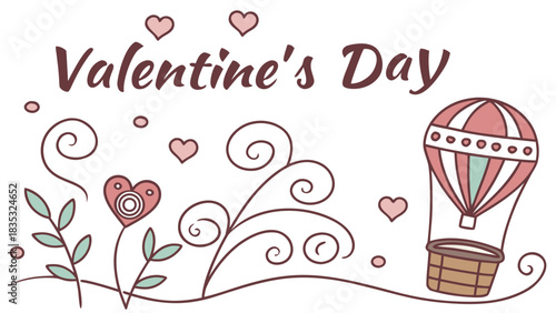 Valentine's day design featuring hearts, floral swirls, and a hot air balloon illustration art piece