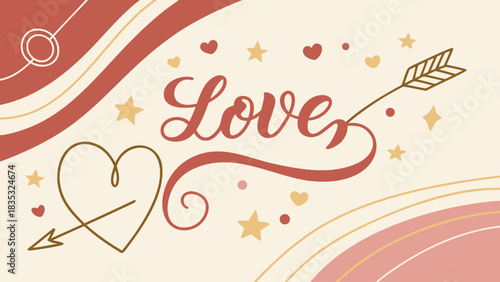 Valentine's day themed design featuring hearts stars and the word love with arrow graphic elements