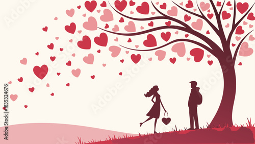 Silhouette of couple under heart tree with falling hearts in a romantic valentine's day scene