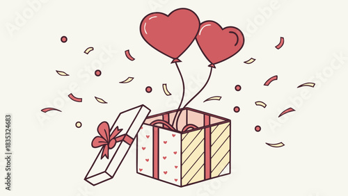 Open gift box with heart shaped balloons and confetti for a special occasion celebration vector art
