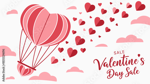 Valentine's day sale with heart shaped hot air balloon and floating hearts on white background view