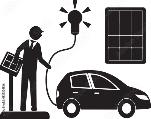 Person charging an electric car beside solar panels, black silhouette vector image