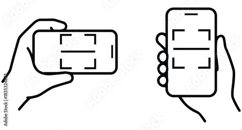 QR Code Scanning Icon on Smartphone – Hand Holding Mobile Device with Barcode Scanner Frame for Payment and App Use – Vector Line Illustration