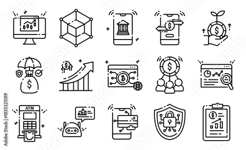 Fintech Digital Finance Line Set Icons
