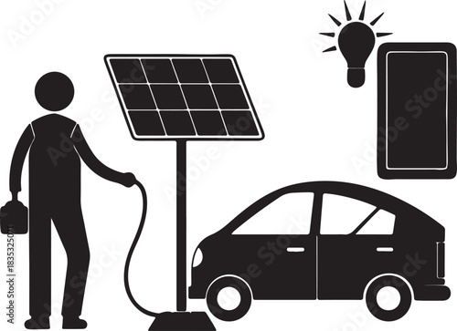 Person charging an electric car beside solar panels, black silhouette vector image