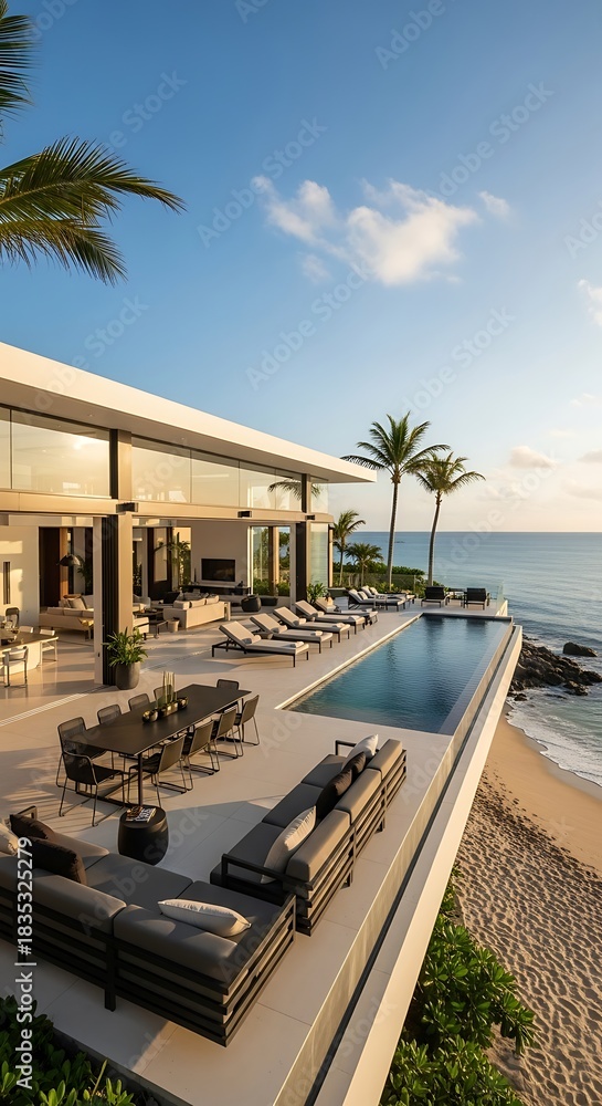 Fototapeta premium Luxury beachfront villa with infinity pool and ocean view.