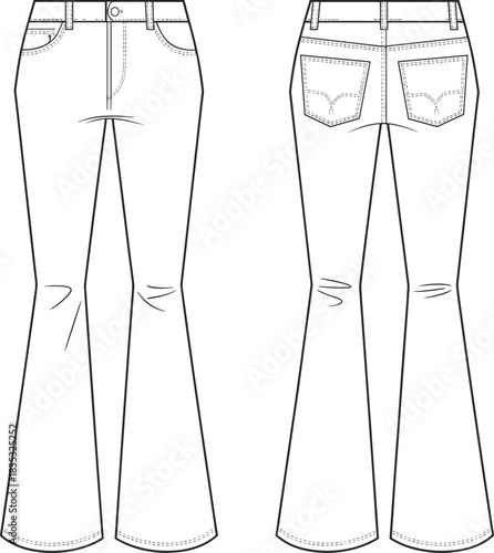 Flared jeans fashion flat sketch, women denim pants technical drawing, vector bootcut trousers design with pockets, stitching details and waistband construction