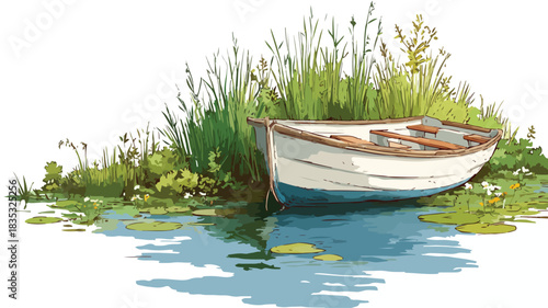 Boat in Water and Grass - Vector Illustration with Outline Design