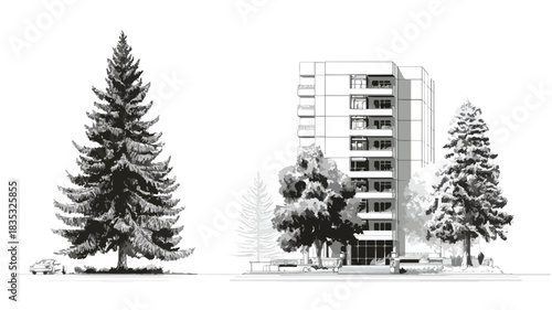 Urban Landscape with Trees and Architectural Drawing of Building