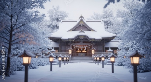 Wallpaper Mural A snow-covered Japanese temple with lanterns, trees, and pathway in a serene winter scene Torontodigital.ca