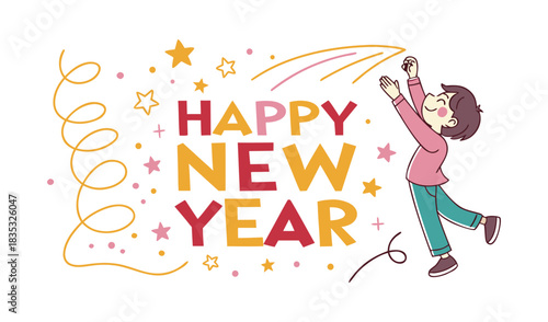 Happy new year greeting with a person celebrating with confetti and stars