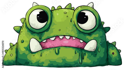 Energetic Green Monster Cartoon Character with Hand-Drawn Face