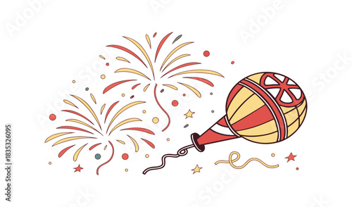 Hand drawn festive balloon and fireworks celebration illustration