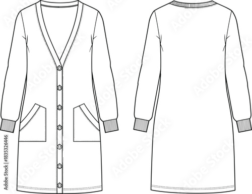 Long cardigan technical flat sketch, button front sweater dress illustration, detailed fashion design template, apparel outline for sewing pattern, production and manufacturing
