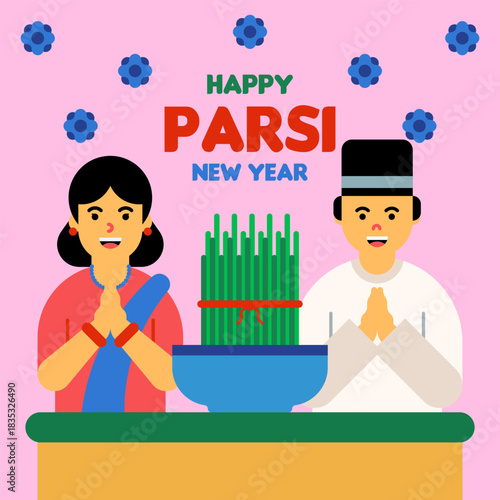 Parsi New Year Celebration with Mother and Father Illustration
