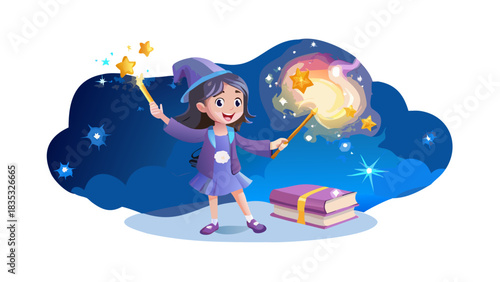 A young cartoon wizard girl waving her wand and creating sparkling stars, floating books, magical swirls, glowing night background.