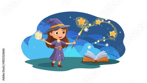 A young cartoon wizard girl waving her wand and creating sparkling stars, floating books, magical swirls, glowing night background.