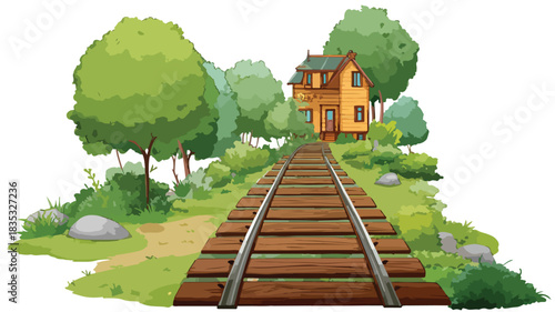 Cartoon Railroad Track with House and Trees Illustration for Creative Projects