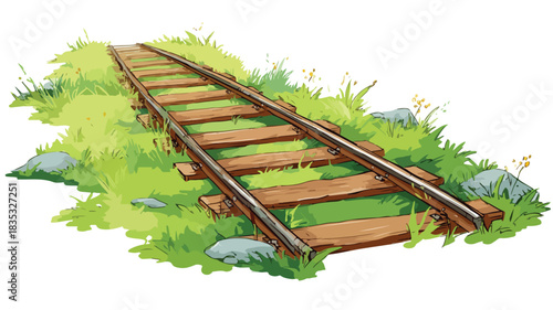 Scenic Cartoon Illustration of Railroad Track in Green Field