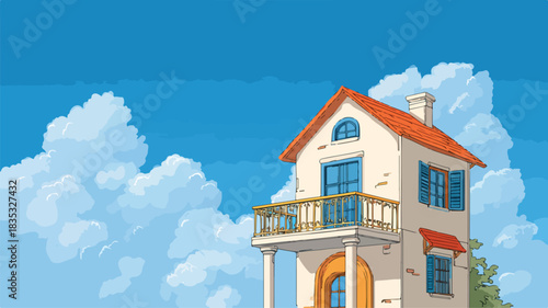 Charming Cartoon House with Balcony on Blue Sky Background