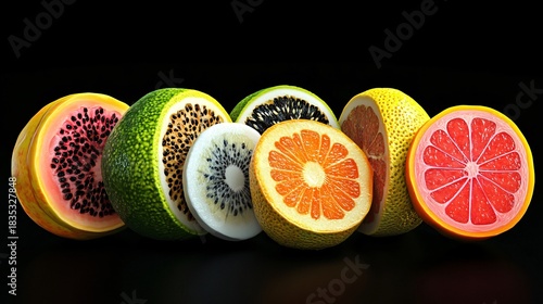 Fototapeta Naklejka Na Ścianę i Meble -  Assorted halved fresh fruits close-up