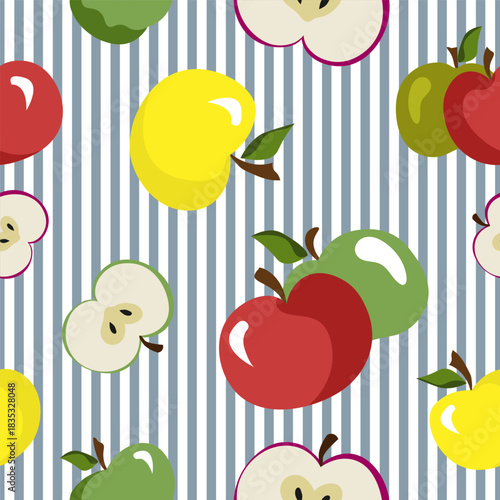 Juicy apples seamless pattern, a collection of colorful apples on a striped background, apple slices, summer fruits repeat pattern, apple delight, healthy fresh food, childish illustration style