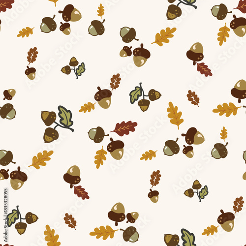 Seamless pattern with cute hand-drawn acorns and oak leaves, a cute fall season background