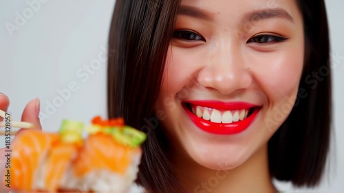 Woman smiles while holding sushi with chopsticks. Bright red lips pop against a neutral background