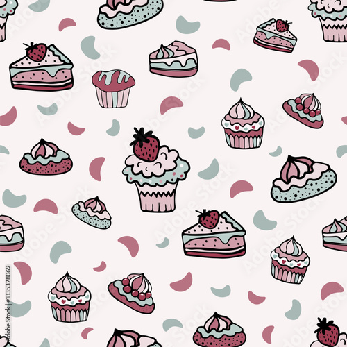 A seamless cupcake and muffin pattern in pastel tones, a hand-drawn cupcake background with a cherry on top, a wrapping paper doodle design
