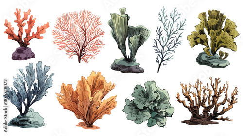 Diverse Seaweed and Corals Collection Vector Illustration