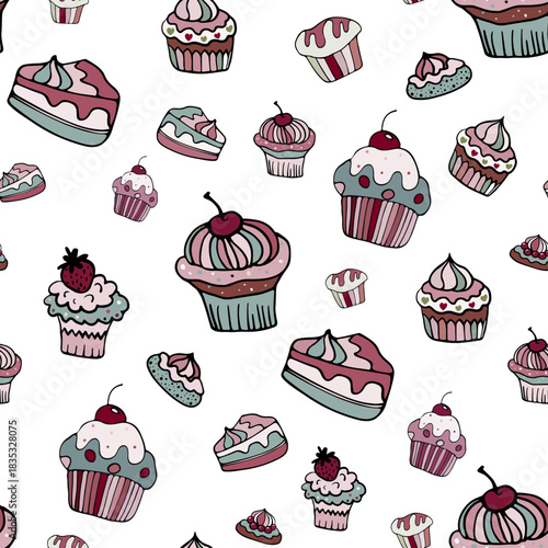 A seamless cupcake and muffin pattern in pastel tones, a hand-drawn cupcake background with a cherry on top, a wrapping paper doodle design
