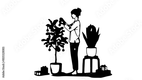 Minimalist Woman Decorating Indoor Fiddle Leaf Fig Plant with Christmas Ornaments