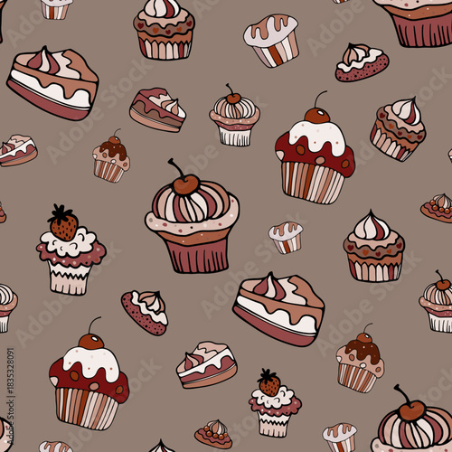 A seamless cupcake and muffin pattern in pastel tones, a hand-drawn cupcake background with a cherry on top, a wrapping paper doodle design
