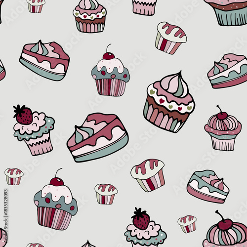 A seamless cupcake and muffin pattern in pastel tones, a hand-drawn cupcake background with a cherry on top, a wrapping paper doodle design 
