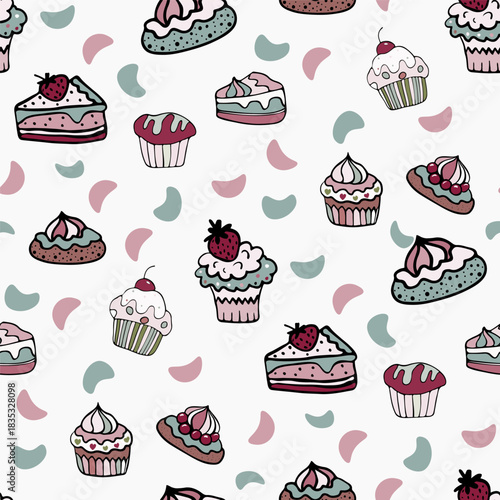 A seamless cupcake and muffin pattern in pastel tones, a hand-drawn cupcake background with a cherry on top, a wrapping paper doodle design 