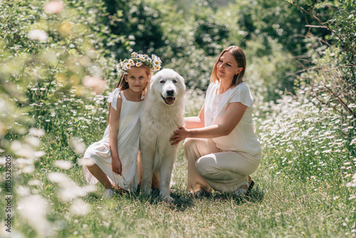 Εκτύπωση καμβά Dog Girl Mother Nature Field Friendship, photoshoot with woman and child with dog on a spring day in daisies field