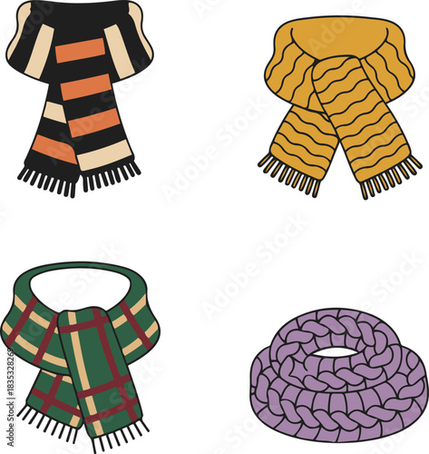 A collection of four vector winter scarf illustrations featuring a black and orange striped design, a yellow wavy knit scarf, a green plaid tartan muffler, and a purple chunky cable-knit infinity snoo