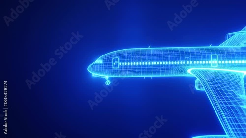 A glowing wireframe airplane in deep blue, spotlighted, with a detailed network of lines