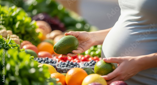 Pregnant woman selecting fresh avocado at market stall. Healthy eating and conscious nutrition during pregnancy.