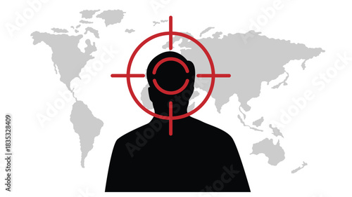 Bullseye Aim Target on a Figure Silhouette of Business Man World Map. Recruitment services and job HR department for white collar work vector art