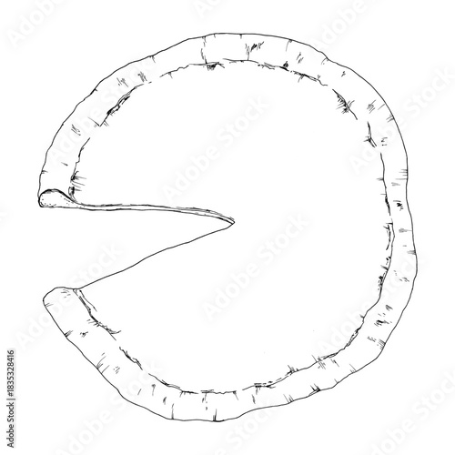 Vector illustration of a plain pizza base with a single slice cut out. Hand-drawn crust texture makes it suitable for menu layouts, recipe graphics, dough concepts and customizable food design themes