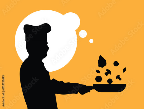 Bust Silhouette of a Chef with Frying Pan Colorful Background. Food preparation and work at a restaurant vector art