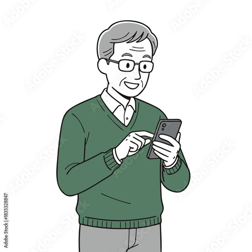スマートフォンを操作するシニア男性のイラスト